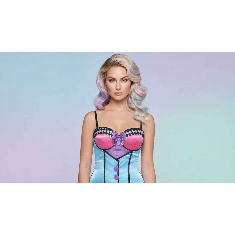 Storybook Mad Hatter Corset Costume Women Top Blue Pink Harlequin Wonderland M/L